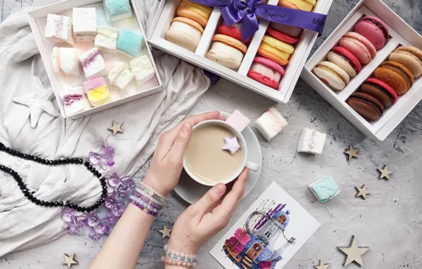 Coffee, marshmallows, macaroon