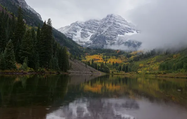 Trees, mountains, clouds, nature, fog, lake, rain, overcast