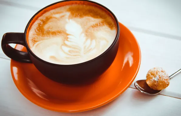 Picture table, spoon, Cup, drink, cappuccino, saucer, bokeh, closeup