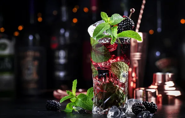 Berries, the dark background, table, wine, glass, alcohol, cocktail, bottle