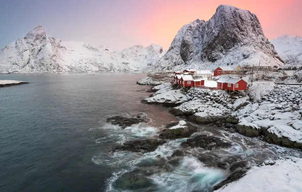 Winter, wave, the sky, snow, landscape, mountains, nature, stones