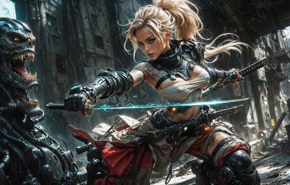 The city, attack, building, battle, ruins, beautiful girl, bust, blade