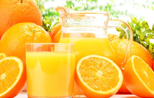Glass, oranges, pitcher, orange juice