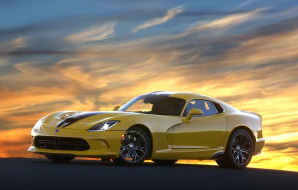 Sunset, yellow, background, Dodge, Dodge, supercar, Viper, the front