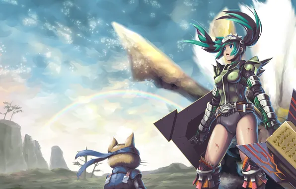 The sky, cat, girl, weapons, rainbow, armor, Monster hunter