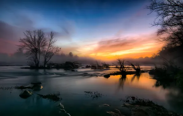 Picture sunset, fog, river