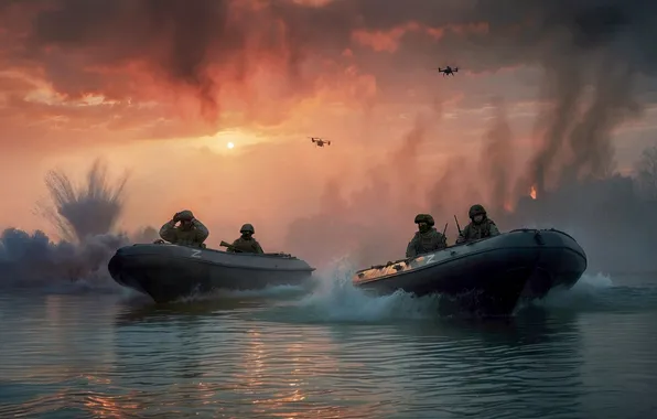The evening, Smoke, River, War, The explosion, Boats, Soldiers, Russia