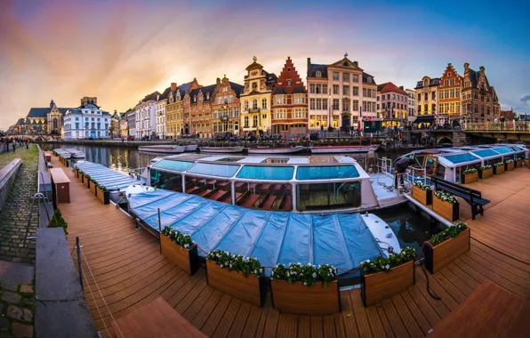 Flowers, the city, shore, view, building, home, boats, pier