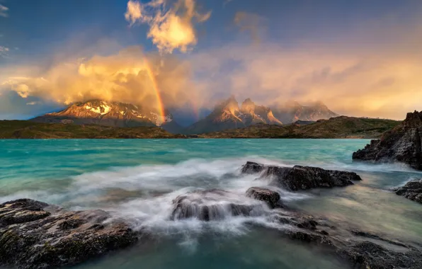 Mountains, rainbow, pond, Andes
