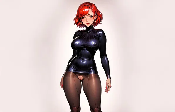 Girl, anime, latex, outfit, tights, red hair, AI art