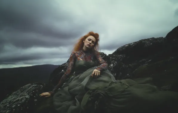 Look, girl, clouds, mountains, clouds, nature, pose, stones