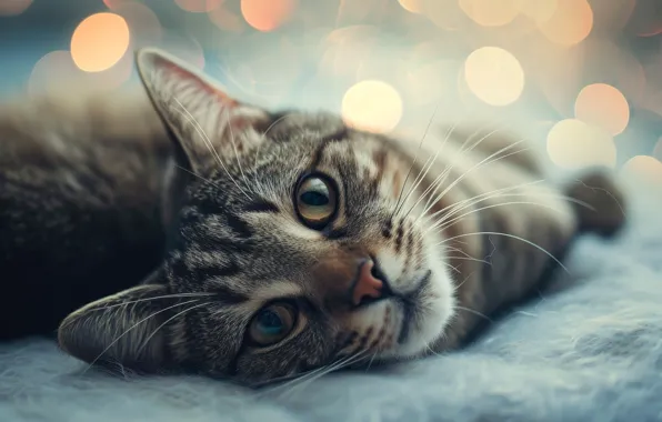 Cat, cat, look, lights, pose, grey, portrait, bed