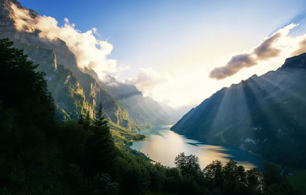 Forest, mountains, nature, Alps, Switzerland, Klöntalersee, natural lake