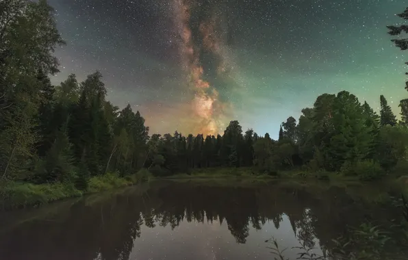 Trees, night, lake, galaxy, Kudashkina Ksenia, Colors of the taiga night