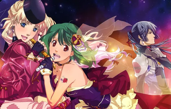 The sky, tattoo, microphone, green hair, singing, Macross Frontier, Ranka Lee, Sheryl Nome