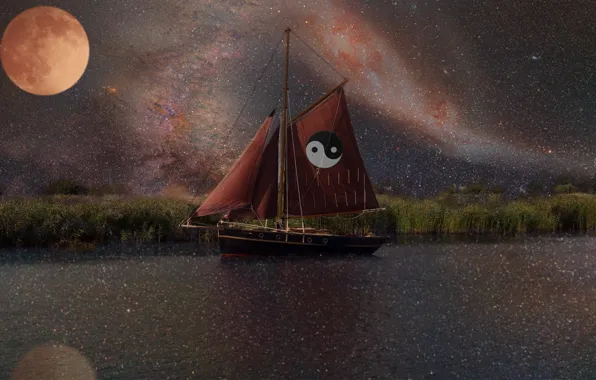 The sky, stars, reflection, the moon, sailboat, symbol