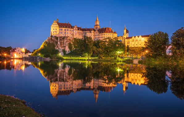Trees, reflection, river, castle, the evening, Germany, Germany, Baden-Württemberg
