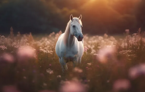 Field, white, summer, rays, flowers, nature, horse, horse