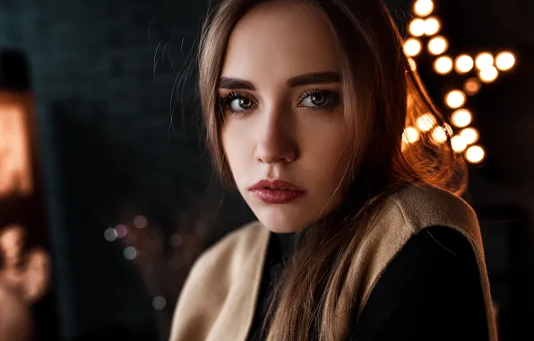 Lights, glare, background, model, portrait, makeup, hairstyle, brown hair