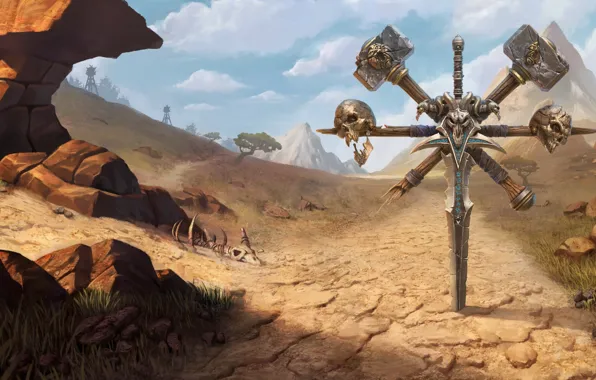 Picture sword, World of Warcraft, game, desert, skulls, mountains, weapons, digital art