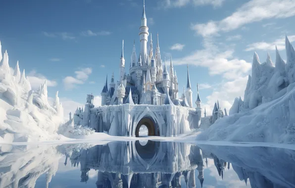 Winter, frost, clouds, snow, mountains, reflection, castle, rocks
