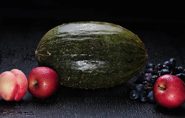 Drops, the dark background, apples, grapes, fruit, still life, peach, melon