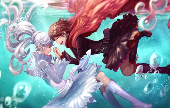 Bubbles, girls, anime, art, under water, rwby, ruby rose, white snow