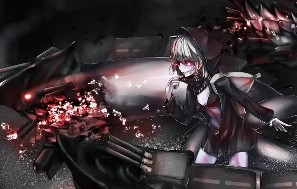 Picture girl, weapons, robot, anime, tears, art, hood, kantai collection
