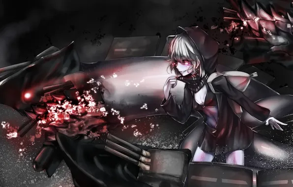 Girl, weapons, robot, anime, tears, art, hood, kantai collection