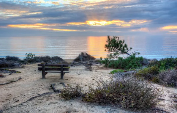 Sea, landscape, sunset, bench