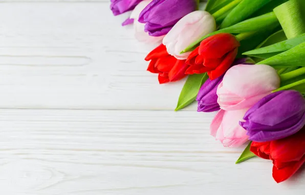 Flowers, bouquet, colorful, tulips, red, white, wood, flowers