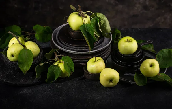 The dark background, apples, plates