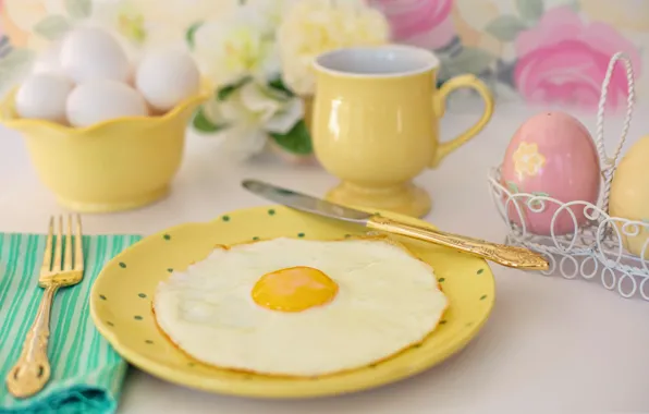 Breakfast, plate, knife, Cup, plug, scrambled eggs