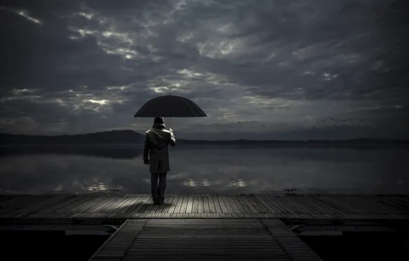 Picture umbrella, pier, male, waiting