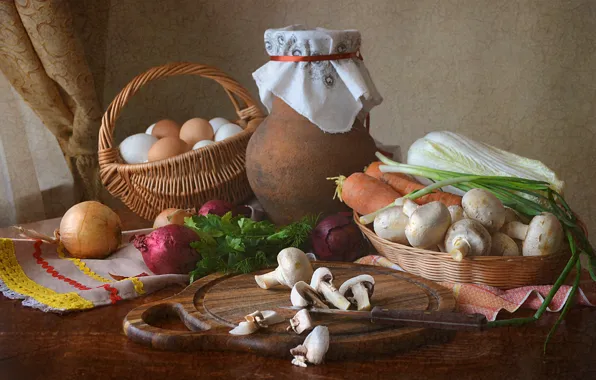 Table, basket, mushrooms, bow, knife, dishes, pitcher, still life