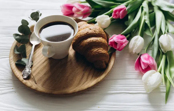 Flowers, coffee, Breakfast, Cup, tulips, pink, white, heart