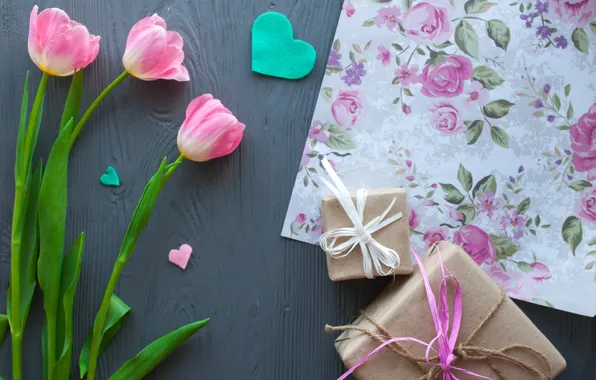 Flowers, gift, hearts, tulips, pink, wood, pink, flowers
