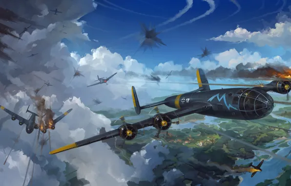 The sky, clouds, earth, war, battle, art, aircraft, battle