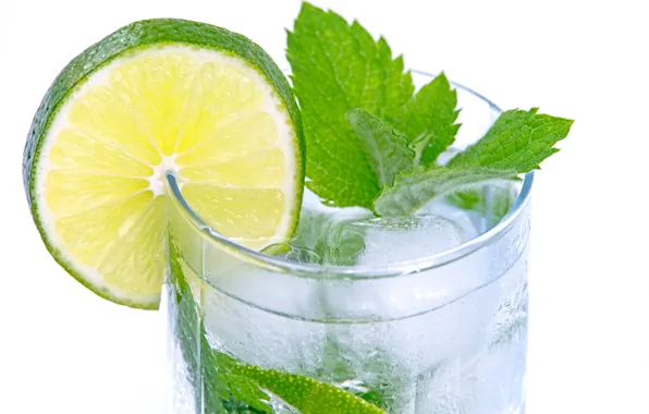Glass, ice, slice, leaf, lime, drink, mint, lemonade