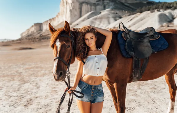 Girl, landscape, mountains, horse, horse, shorts, brown hair, top