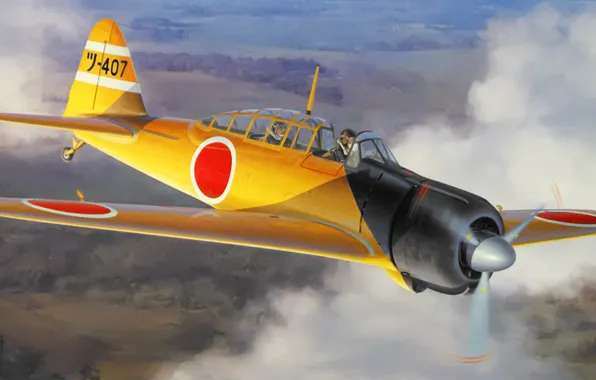 Picture war, art, painting, aviation, Tsukuba Flying Group, A6m2-K zero fighter