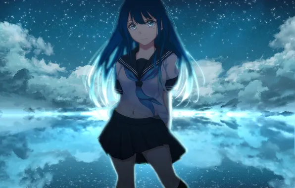 The sky, water, girl, stars, clouds, reflection, anime, art