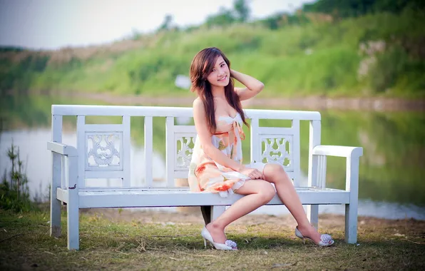 Girl, smile, bench