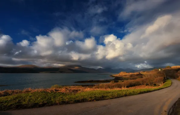 Road, autumn, the sky, grass, clouds, light, mountains, river