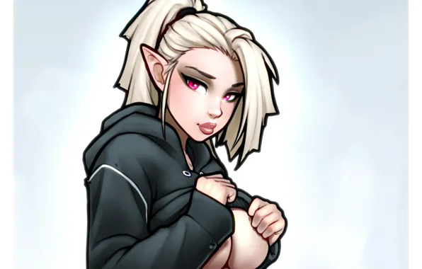 Chest, girl, elf, art, blonde, ears, sweatshirt, Hoody