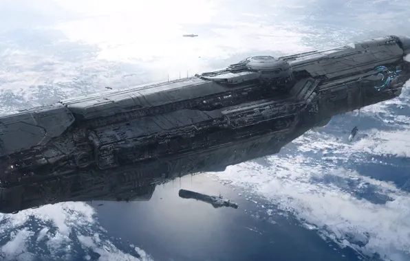 Clouds, light, planet, tower, spaceships, The add-in