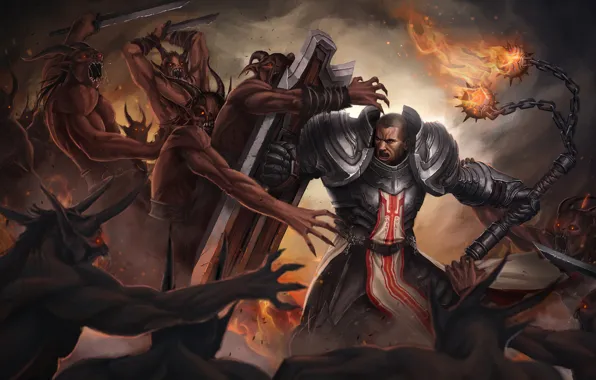 Fire, shield, diablo 3, battle, Crusader