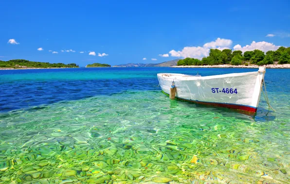 Sea, the sky, trees, mountains, lake, stones, boat, island