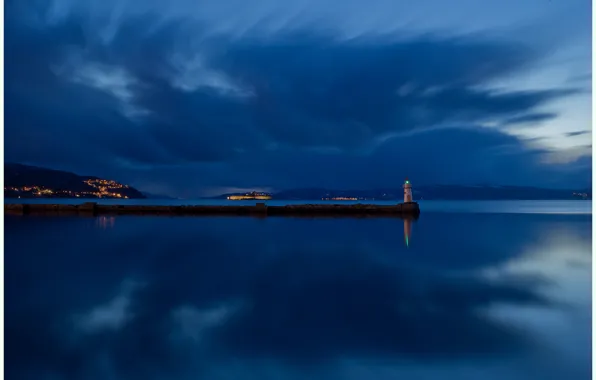 Picture the sky, clouds, night, reflection, river, shore, lighthouse, island
