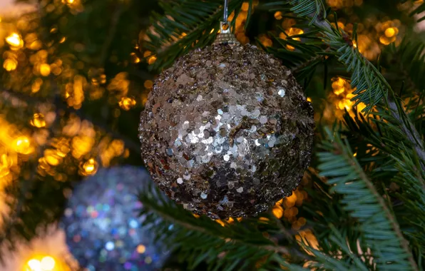Balls, macro, branches, lights, Shine, ball, silver, Christmas